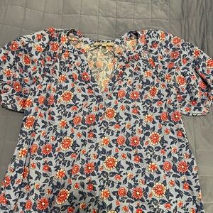 LOFT Pink and Blue Ruffled Blouse with Short Sleeves